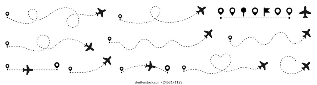 Airplane line path icon set. Aircraft route point. Plane, airplane, aeroplane, flight, airline - stock vector.