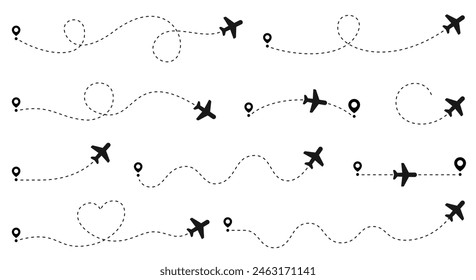 Conjunto de iconos de trayectoria de línea de avión. Punto de ruta del avión. Avión, avión, avión, vuelo, aerolínea - Vector de stock.