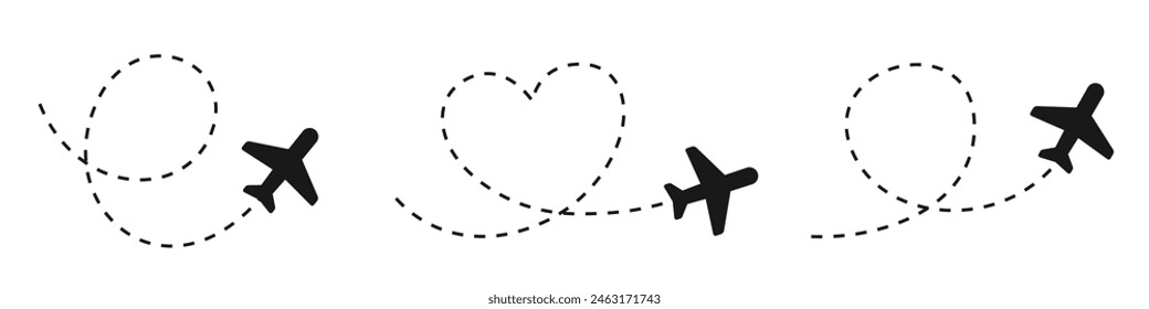 Airplane line path icon set. Aircraft route point. Plane, airplane, aeroplane, flight, airline - stock vector.