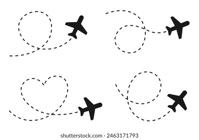 Das Symbol für den Fluglinienpfad wurde gesetzt. Flugstreckenpunkt. Flugzeug, Flugzeug, Flugzeug, Flugzeug, Flug, Airline - Vektorgrafik.