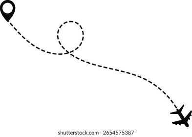 Airplane line path icon set. air plane route dash line route with location pin. plane symbols. map pin icons