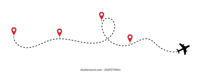 Conjunto de iconos de ruta de línea de avión. Ilustración vectorial de la ruta de vuelo del avión con la línea traza en el fondo blanco. Viaje desde el punto de inicio y trazado de líneas punteadas. EPS 10	