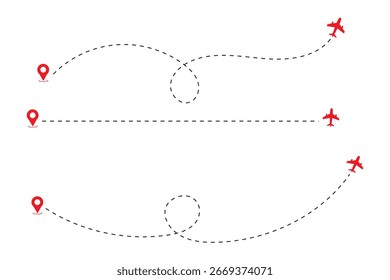 Airplane line path icon set. Vector illustration of air plane flight route with line trace on white background. map pins, location pins. Travel from start point and dotted line tracing. EPS 10	
