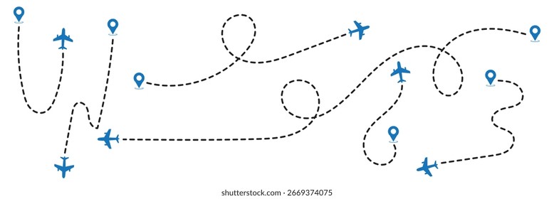 Airplane line path icon set. Vector illustration of air plane flight route with line trace on white background. map pins, location pins. Travel from start point and dotted line tracing. EPS 10	