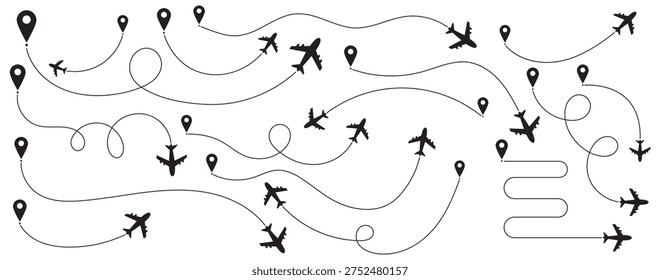 Airplane line path icon set.  Airplane routes vector set.  Plane flight path vector set. Aircraft tracking, planes, travel, map pins, location pins on Transparent Background. Outline flying planes with dotted track direction. Travel or message symbol. Airplane route with dotted flight path.
