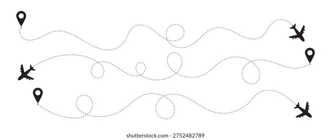 Airplane line path icon set. Airplane routes vector set. Plane flight path vector set. Airplane with dotted line route.  Minimal navigation and message delivery concept for communication and journey themed designs.