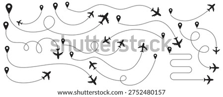 Airplane line path icon set.  Airplane routes vector set.  Plane flight path vector set. Aircraft tracking, planes, travel, map pins, location pins on Transparent Background. Outline flying planes with dotted track direction. Travel or message symbol. Airplane route with dotted flight path.