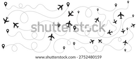 Airplane line path icon set.  Airplane routes vector set.  Plane flight path vector set. Aircraft tracking, planes, travel, map pins, location pins on Transparent Background. Outline flying planes with dotted track direction. Travel or message symbol. Airplane route with dotted flight path.