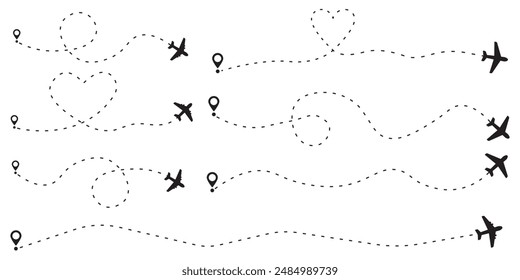 Airplane line path icon. Vector illustration of air plane flight route with line trace isolated on white background