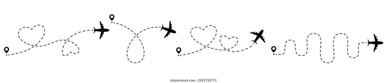 Airplane line path icon. Vector illustration of air plane flight route with line trace isolated on white background