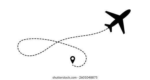 Airplane line path icon. Vector illustration of air plane flight route with the point of location line trace. aircraft location tracking in a dotted path vector illustration in eps 10.