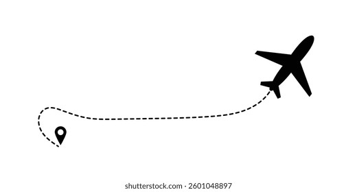 Airplane line path icon. Vector illustration of air plane flight route with the point of location line trace. aircraft location tracking in a dotted path vector illustration in eps 10.
