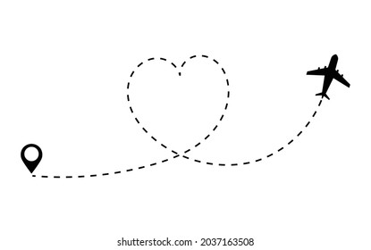 Airplane line path love travel on white background. plane flight icon with starting point, route and dashed line. travel and tourism translation concept. vector illustration in flat style.