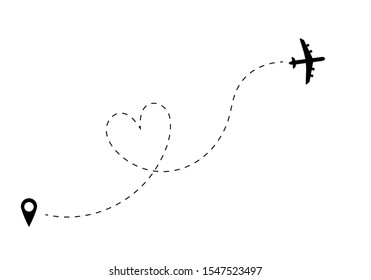 Airplane with Line Path. Plane Route with Location Pin. Vector Illustration.