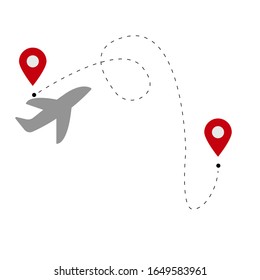 Avión con trayectoria de línea. Ruta de Avión con Pin de Ubicación. Vector de material Ilustración sobre fondo blanco aislado.