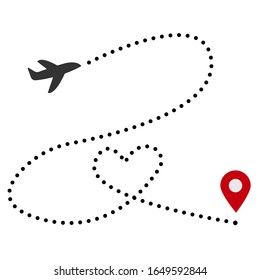Airplane with Line Path. Plane Route with Location Pin. Stock vector Illustration on white isolated background.