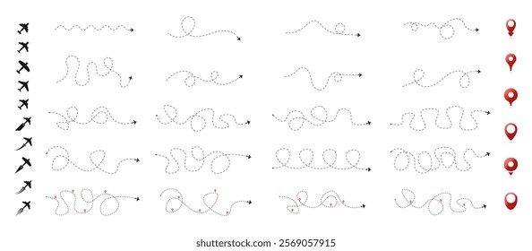 Airplane line path. Plane routes vector illustration. Airplane flying paths collection. Plane route lines, aircraft tracking. Travel icons set