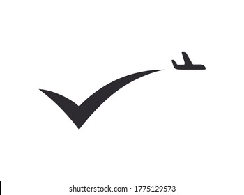 Airplane line path. Plane taking off. Flight of the aircraft. Route travel. Starting point. Logo template. Sign of choice. Check Mark with airplane. Aircraft mark. Navigation symbol. Airport. Plane 