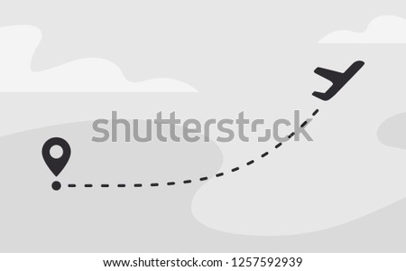 Airplane line path. Plane taking off. Flight of the aircraft. Route travel. Starting point. Aircraft mark. Vector illustration. Color easy to edit. Transparent background.