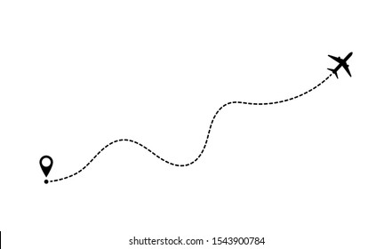 Airplane line path route. Aircraft route dotted lines. Tourism and travel. Tourist route by plane. Tracks traveler dotted lines.