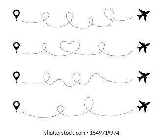 Airplane line path route set. Vector travel icons with start point and dash line trace. Plane routes flight air dotted drawing isolated illustration