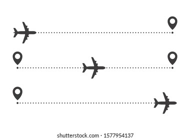 Airplane line path route. Start, middle and end of flight. Vector icon