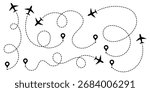 Airplane line path route travel vector concept. Plane routes dotted paths aircraft travel route start point flight destination black airplane.