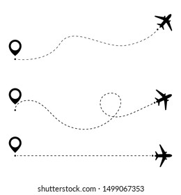 Airplane Line Path Route. Airplane Travel Concept With Map Pins, GPS Points. Aircraft Route Dotted Lines. Aircrafts And Map Pointer Symbols Vector Illustration.