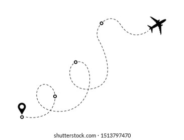 Airplane line path route. Travel vector icon with start point and dash line trace, plane routes flight air dotted drawing isolated illustration. Airplane vector eps 10.