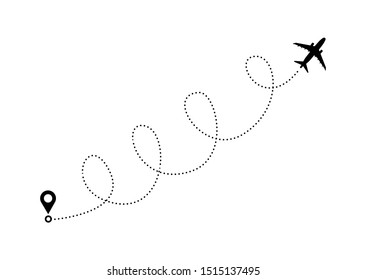 Airplane line path route. Travel vector icon with start point and dash line trace, plane routes flight air dotted drawing isolated illustration. Airplane vector eps 10.