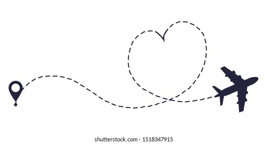 Airplane line path route. Travel vector icon with start point and dash line trace.