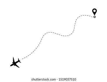 Airplane line path route. Travel vector icon with start point and dash line trace, plane routes flight air dotted drawing isolated illustration. Airplane vector eps 10.