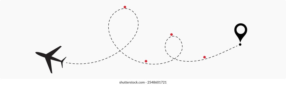 Trajeto de rota da linha do avião. Rota de voo com ponto inicial e traço de linha traço para ilustração vetorial isolada de plano EPS 10