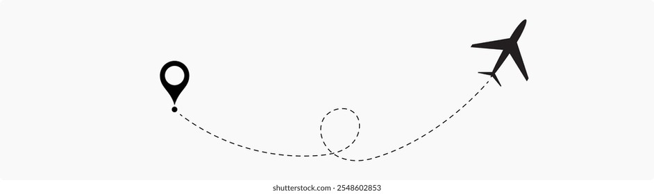 Airplane line path route travel. Flight route with start point and dash line trace for plane isolated vector illustration EPS 10