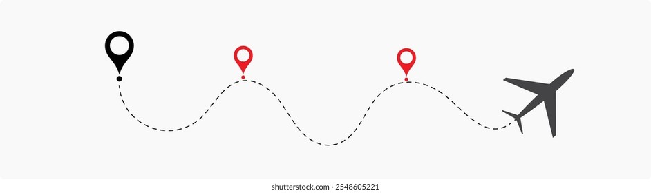 Trajeto de rota da linha do avião. Rota de voo com ponto inicial e traço de linha traço para ilustração vetorial isolada de plano EPS 10