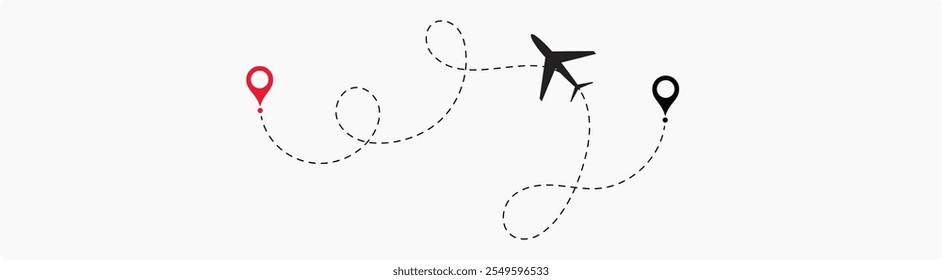 Airplane line path route travel Vector illustration of air plane flight route with the point of location line trace isolated on white background.