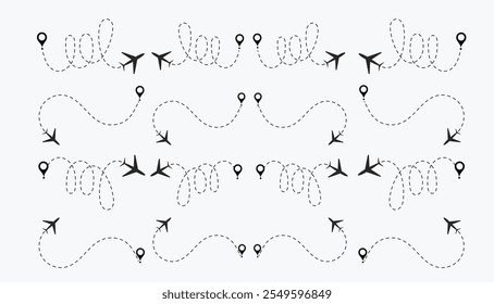 Airplane line path route travel Vector illustration of air plane flight route with the point of location line trace isolated on white background.