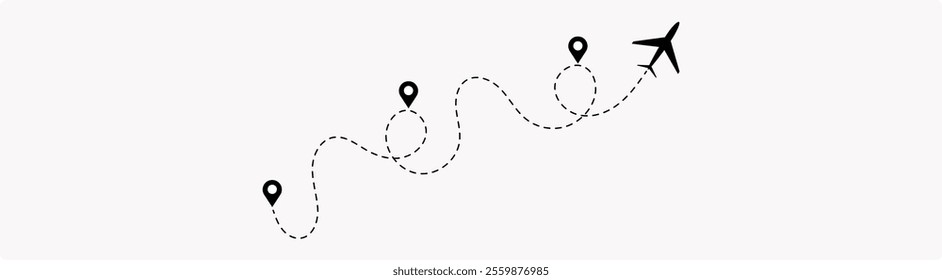 Airplane line path route. Travel vector icon with start point and dash line trace, plane routes flight air dotted 