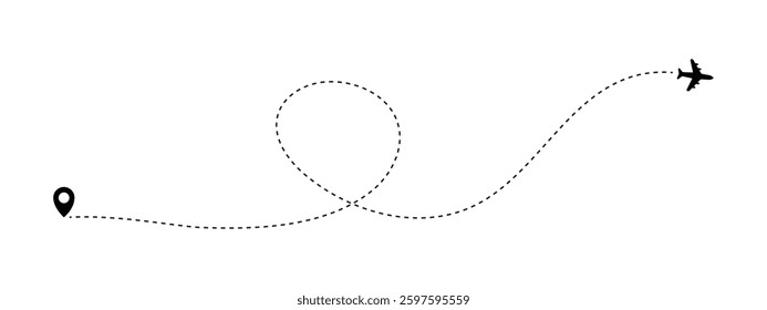 Airplane line path route travel vector concept. Plane routes dotted paths aircraft travel route start point flight destination black airplane. Plane, airplane, Aeroplane, flight, airline.