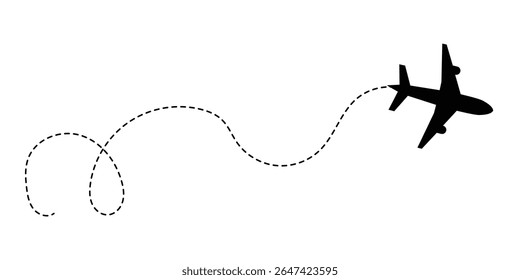 Airplane line path route travel vector concept. Plane routes dotted paths aircraft travel route start point flight destination black airplane. Plane, airplane, Aeroplane, flight, airline in eps 10.