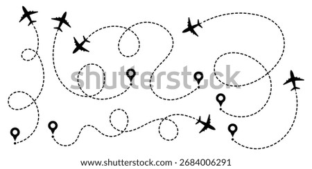 Airplane line path route travel vector concept. Plane routes dotted paths aircraft travel route start point flight destination black airplane.
