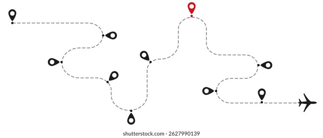 Airplane line path routes. Flying with a dashed line from the starting point and along the path. Plane routes flight air dotted isolated illustration