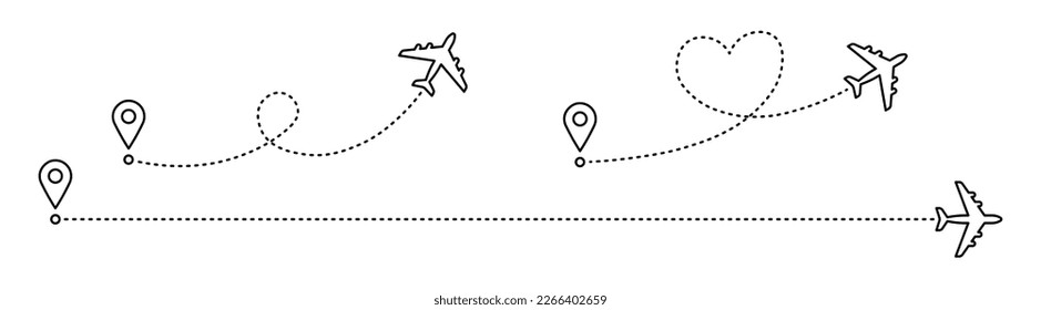 Airplane line path, airplane routes set, aircraft tracking, planes, travel, map pins, location pins in line style