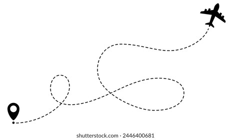 Airplane line path routes. Travel vector icon. Travel from start point and dotted line tracing. Plane routes flight air dotted isolated illustration.