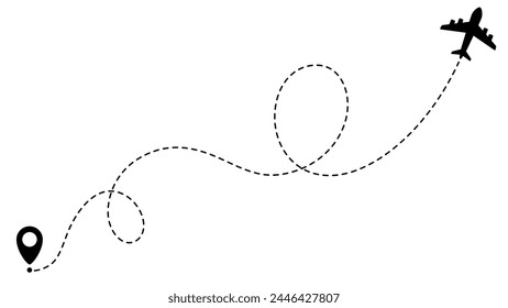 Airplane line path routes. Travel vector icon. Travel from start point and dotted line tracing. Plane routes flight air dotted isolated illustration.