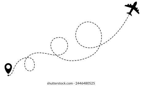 Airplane line path routes. Travel vector icon. Travel from start point and dotted line tracing. Plane routes flight air dotted isolated illustration.