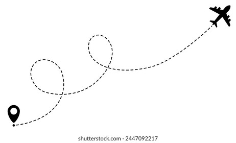 Airplane line path routes. Travel vector icon. Travel from start point and dotted line tracing. Plane routes flight air dotted isolated illustration.