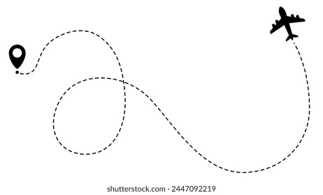 Airplane line path routes. Travel vector icon. Travel from start point and dotted line tracing. Plane routes flight air dotted isolated illustration.