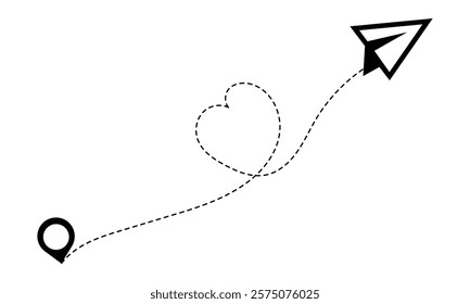 Airplane line path routes. Airplane travel concept with location map. Cartoon picture with paper jet plane flight route of heart dotted line. Vector illustration.	