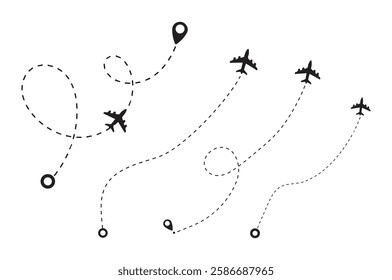 Airplane line path routes. Travel vector icon. Travel from start point and dotted line tracing. Plane routes flight air dotted isolated illustration